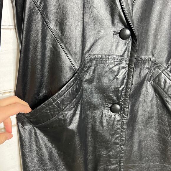Vintage Charles Klein Black Leather Trench Coat Women’s Medium Long Jacket - Picture 6 of 12